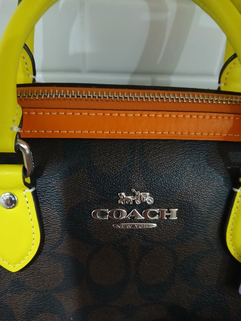 Coach Brown Signature Satchel with Neon Yellow Handles & Orange Trim - Picture 2 of 6
